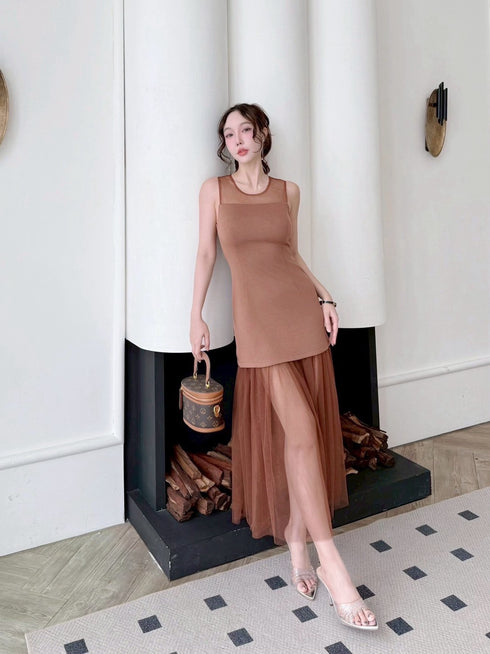 Round Neck Sleeveless Tulle Hem Dress